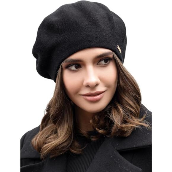 Women's Wool Beret Hat Crochet Angora Knit Berets French Paris Hat, Black - Picture 1 of 5